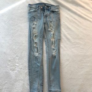 Men’s Blue Skinny Jeans, Heavy Distressing Size 29